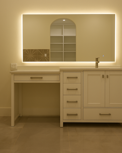 Modern bathroom with a backlit mirror, white vanity, wood doors, patterned tile wainscoting, and an arched entry leading to a built-in white storage closet.