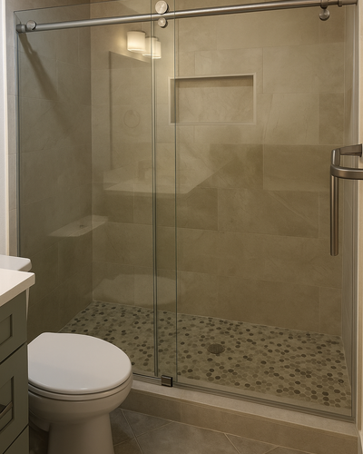 Modern bathroom with a frameless glass walk-in shower, beige tile walls, pebble tile shower floor, and a white toilet next to a light gray vanity.