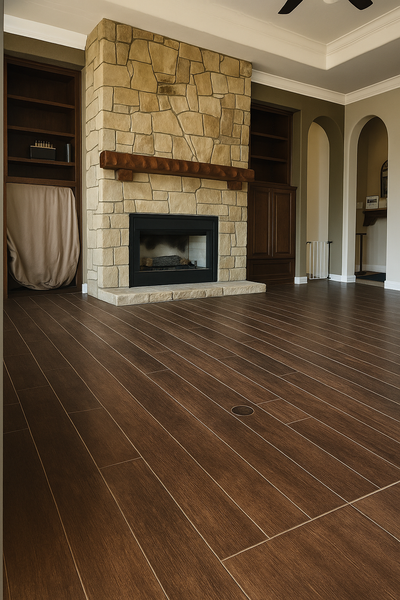 Living room with dark wood-look tile flooring and a stone fireplace featuring a wooden mantel, flanked by built-in shelves and arched entryways.