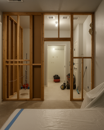 Interior renovation scene showing exposed wall framing, tools, and construction materials during a home remodel.