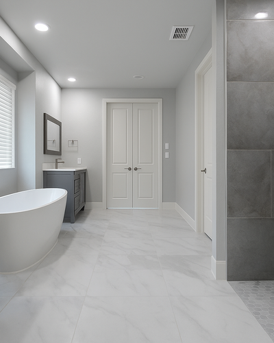 Modern bathroom with freestanding tub, gray vanities, marble-look tile floor, and a walk-in shower with large dark gray tiles.