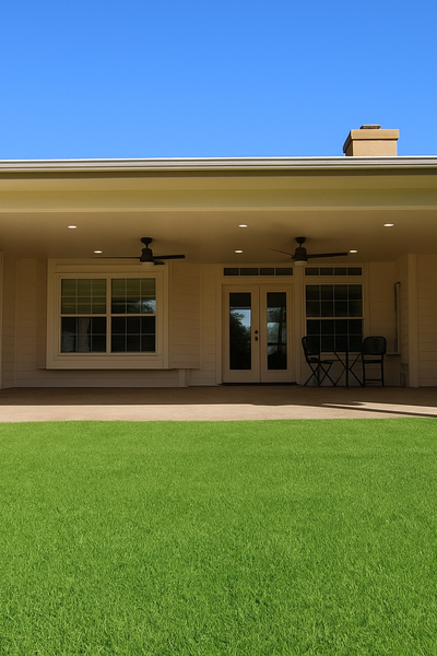 Backyard view of a covered patio with ceiling fans, white exterior walls, and a lush green lawn under a clear blue sky.