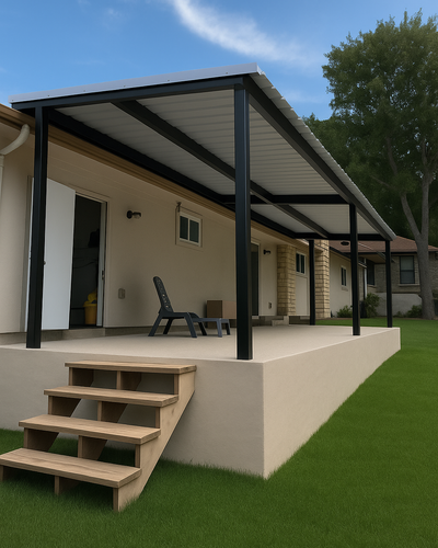 Covered backyard patio with a sloped metal roof and black steel posts, featuring a raised concrete platform, wooden steps, and a neatly maintained green lawn.