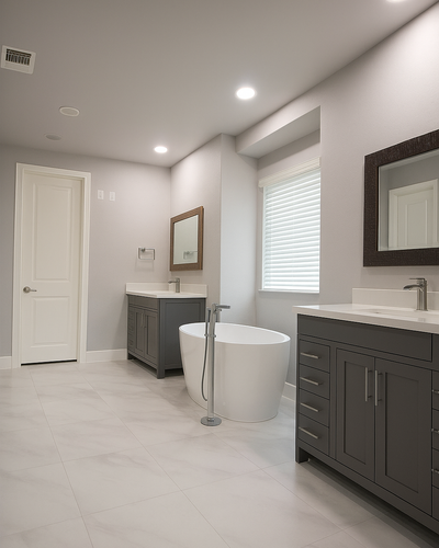 Modern bathroom with freestanding tub, double vanities with gray cabinets, large format white tile flooring, and recessed ceiling lights.