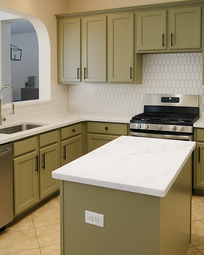 Modern kitchen with sage green cabinets, white marble countertops, stainless steel appliances, and white geometric tile backsplash under soft natural lighting.