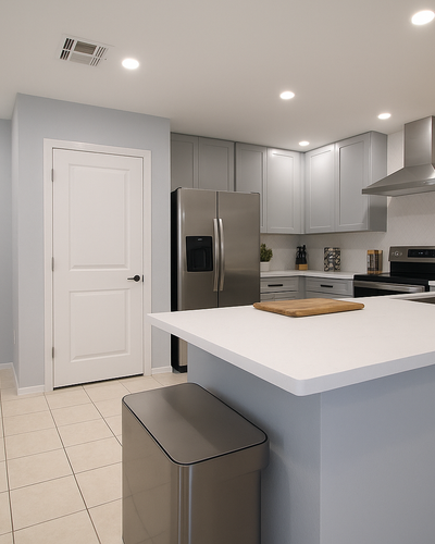 Modern U-shaped kitchen with stainless steel appliances, light gray cabinets, white quartz countertops, herringbone tile backsplash, and open wood shelves in a contemporary home.