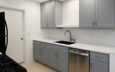 Remodeled kitchen featuring modern L-shaped layout, light gray shaker cabinets, quartz countertops, stainless steel appliances, and subway tile backsplash.