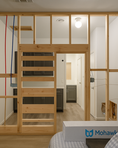 Interior renovation scene showing newly framed wall with exposed studs, electrical wiring, and PEX plumbing, opening into a partially finished space with modern gray cabinetry and wood-look flooring.