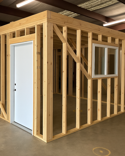 Residential renovation in progress featuring a framed partition wall with vertical red and blue plumbing pipes, exposed wiring, and a view into a finished room with gray cabinetry and wood-look flooring.