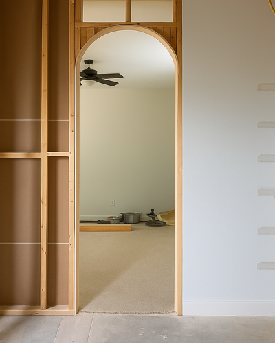 Framed interior wall with arched doorway during residential room addition, showing transition between new construction and finished space with ceiling fan and carpeted floor.