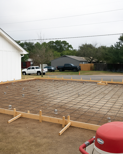 Concrete foundation prep for new home construction with rebar grid and formwork beside a modern white house, ready for slab pour in residential neighborhood.