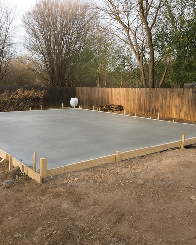 Freshly poured concrete foundation slab with wooden formwork, prepared for new residential home construction in a fenced backyard surrounded by trees.
